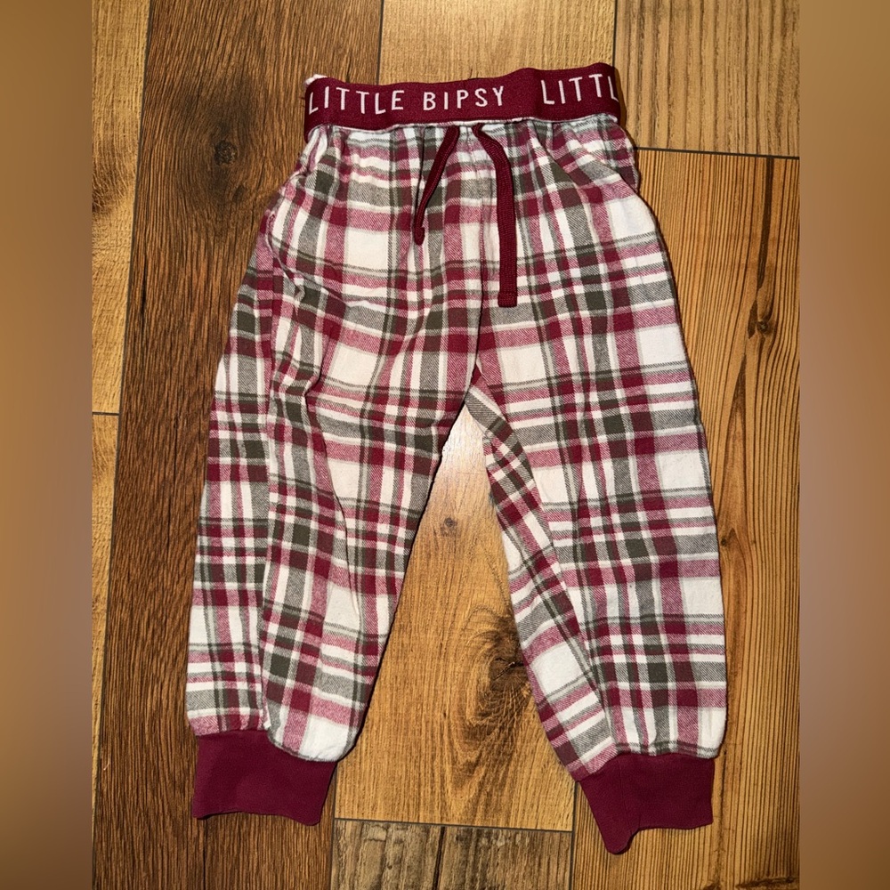 Little Bipsy Burgundy, White & Olive Plaid Fleece Joggers pajama pants size 3-4T